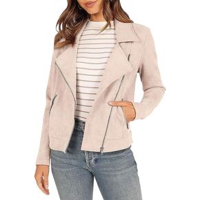 Women’s Faux Suede Jacket Fall 2023 Zipper Long Sleeve Lapel Casual Coats With Pockets Biker Moto Cropped Coat Outwear