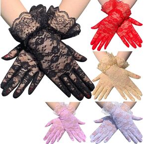 Katutude 5 Pairs Women Short Lace Gloves Floral Lace Gloves Full Finger Tea Party Gloves Elegant Wedding Lace Gloves Opera Prom Costume