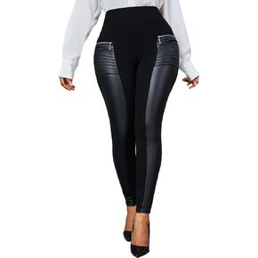 Floerns Women's Elastic High Waist Zip Detail Pu Leather Leggings Casual Skinny Pants