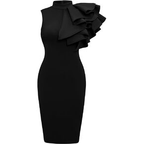 Memoriesea Women's Ruffle Sleeveless Bodycon Knee Length Party Pencil Midi Dress