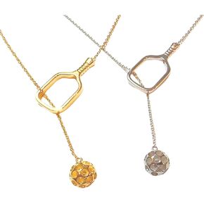 Pickleball Jewelry Lariat Pendant Necklace Open Hollow Paddle Racquet Tennis Hanging Ball Drop Chain Link Silver 14K Gold Gift Women Men