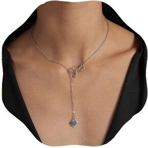 CASOLVX Y Lariat Necklace Heart Choker Necklace Silver Long Lariat Pendant Necklace Simple Love Chain Jewelry for Women and Teen Girls