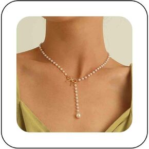 Vacaonio Gold Pearl Y Necklace Chain Bow Knot Necklace Choker Pearl Beaded Chain Choker Necklace Pearl Y Drop Lariat Necklace Chain Jewelry for Women and Girls