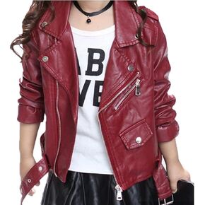 Girls Leather Jacket Kid Outwear Solid Color Zipper Faux Leather Spring Autumn Pu Jacket