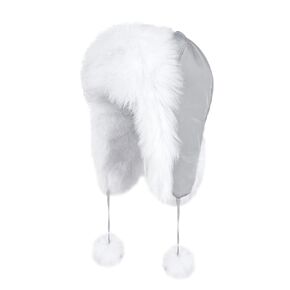 Women Faux Fur Trapper Hat with Pom Pom Warm Winter Ushanka Earflaps Hat Furry Russian Trooper Hunting Ski Hat Black
