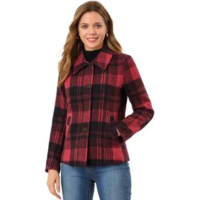 Allegra K Women's Winter Detachable Collared Button Pockets Check Plaid Coat