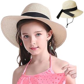 Girls Floppy Straw Hat Sun Hat for Teens Summer Wide-Brim Beach-Cap UPF50+ (20.47" for 2-5T,21.26" for 5-9T)