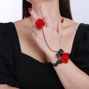 Sither Halloween Lace Bracelet with Ring for Women Black Gothic Bracelet with Red Rose Lace Harness Bracelet Hand Accessories Jewelry for Cosplay Party Gift