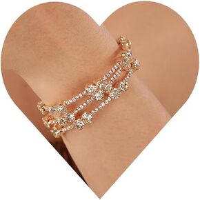 YERTTER Wedding Silver Gold Crystal Rhinestone 3 Row Stretch Wrap Bracelet Vintage Strand Layered Bangle Bracelet Gift for Women Brides