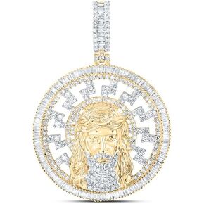Jewels By Lux 10kt Yellow Gold Mens Baguette Diamond Jesus Medallion Circle Charm Pendant 2-3/4 Cttw