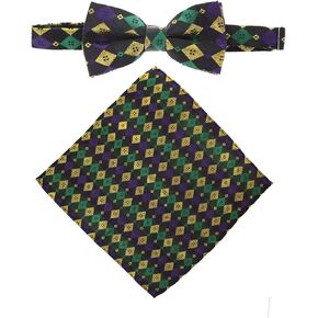 Premium Mardi Gras Pre-Tied Bow Ties for Men & Pocket Square Set