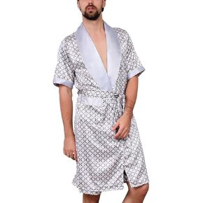 Lu's Chic Men's Satin Kimono Robe Silk Short Sleeves Summer Bathrobe Pockets Nightgown Robes