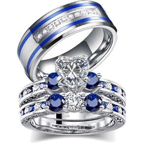 TWO RINGS Wedding Ring Sets His And Hers Promise Ring Couples Bridal Sets Women 925 Sterling Silver Red Heart Moissanite Man Titanium Wedding Bands