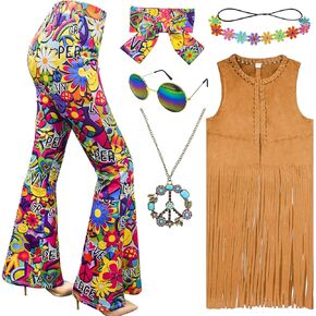 ATAMET 6 Pcs 60s 70s Hippie Costume Disco Outfits Fringe Vest Boho Bell Bottoms Peace Accessories Set Halloween for Women