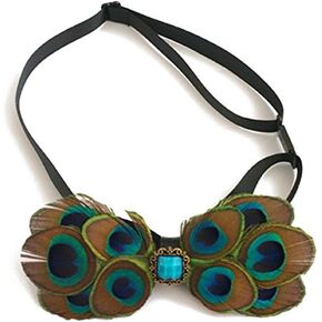 Men Handmade Feather Bow Tie Adjustable Peacock Tail Cravat Bottom Malachite Green