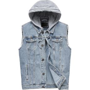 Men's Casual Button-Down Denim Vest Trucker Jean Jacket with Hoodie (XX-Large, Denim Blue)