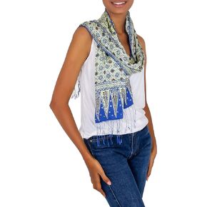 NOVICA Artisan Handmade Blue Jasmine Silk Batik Scarf from Indonesia Blue Multicolor Accessories Scarves Wrap Floral Patterned