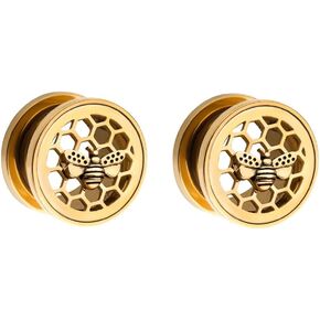 Pierced Owl - Golden Cut Out Honeycomb with BumbleBee Screw Fit Flesh Fit Plug Gauges, Sold as a Pair