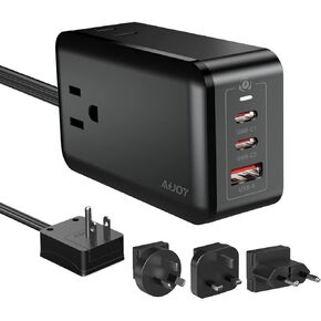 AiJoy 65W USB C Charger Charging Station with 4 European Travel Plug Adapter, 5Ft Extension Cord with Multiple Outlets Power Strip for Travel Cruise Ship Home