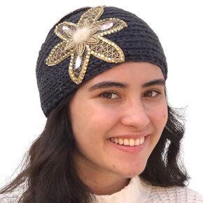 SILVERFEVER Women Women's Handknitted Headband Hair Band Head Wrap Earmuff w Knots, Flowers, Crystals & Lace (Charcoal Flower w Bling & Fur)