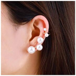 Boho Pearl Ear Climber Earrings Gold Pearl Ear Crawler Earrings Gold Pearl Ear Cuff Clip Earrings Pearl Stud Earrings Jewelry for Women and Girls(Gold Left)