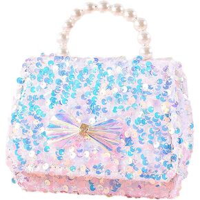 Anopo Toddler Purse Sequins Crossbody Bag Pearl Top Handle Glitter Bow Little Girls Wallet Handbag Kids Accessories Gifts Pink