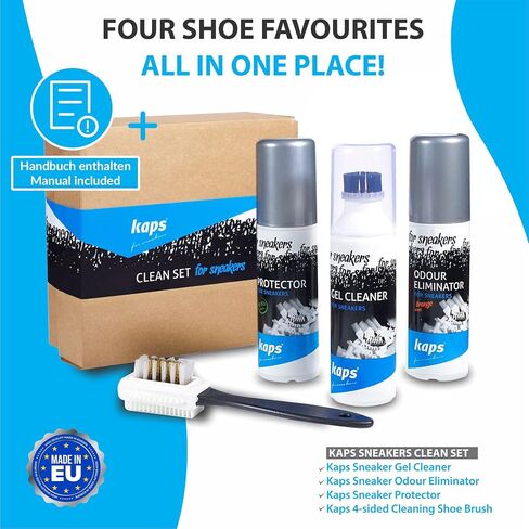 Kaps 4 Sneakers Shoe Care Cleaning Kit - Sneakers Gel Cleaner, Water Repellent Protector Spray, Odour Eliminator 100 ml, Nubuck and Suede Brush – Suitable for Trainer, Suede, Leather, and Nubuck Shoes in Saudi Arabia
