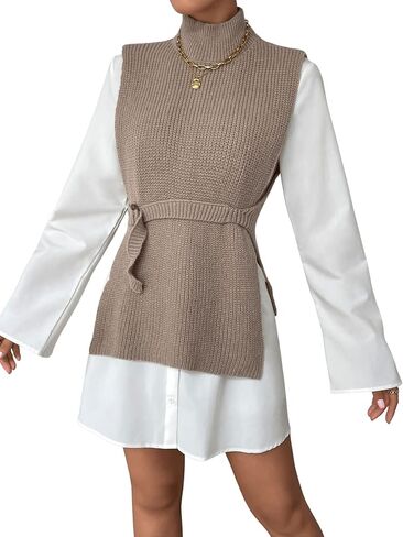 SweatyRocks Women's Elegant High Neck Sleeveless Knit Vest Split Side Belted Sweater Vests in Saudi Arabia