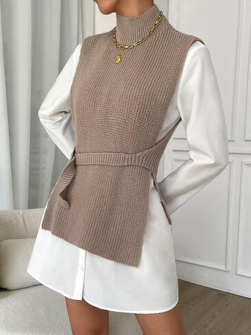SweatyRocks Women's Elegant High Neck Sleeveless Knit Vest Split Side Belted Sweater Vests in Saudi Arabia