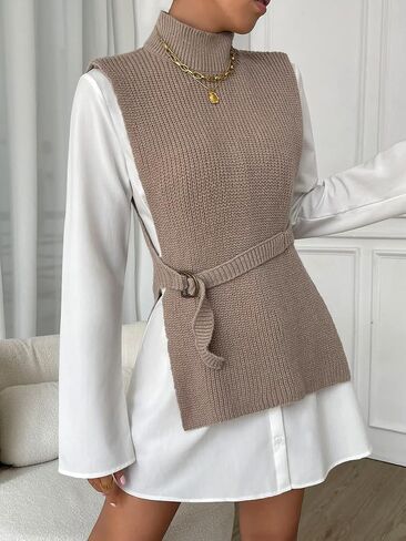 SweatyRocks Women's Elegant High Neck Sleeveless Knit Vest Split Side Belted Sweater Vests in Saudi Arabia