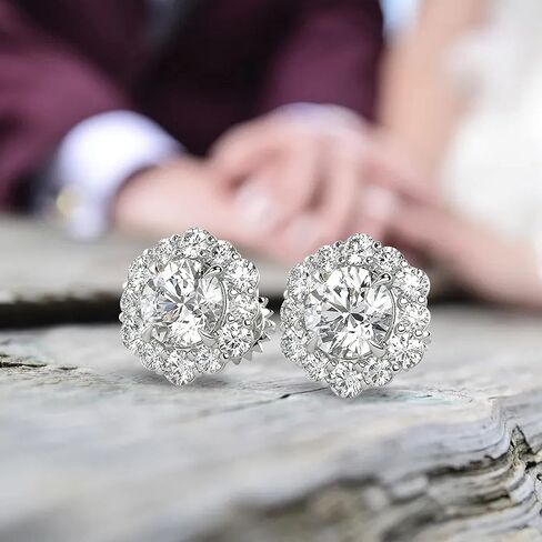 أقراط هالة من الألماس المستدير 1 قيراط معتمدة من IGI للنساء أقراط من الذهب عيار 14 قيراط (G-H، VS1-VS2، 1.00 قيراط) أقراط ألماس رائعة من Carbon Atelier in Kuwait