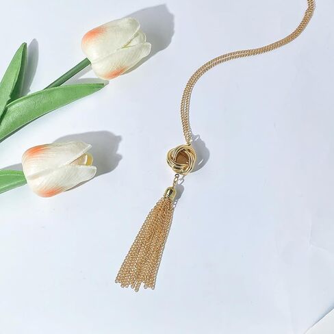 Shegirl Long Tassel Necklace Knot Tassel Pendant Necklaces Silver Y Necklace Sweater Chain for Women and Girls in Saudi Arabia