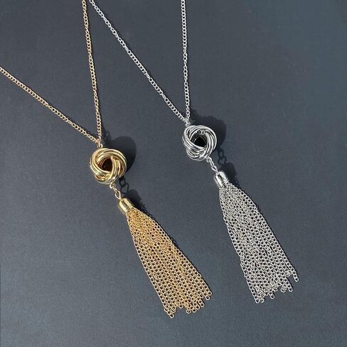 Shegirl Long Tassel Necklace Knot Tassel Pendant Necklaces Silver Y Necklace Sweater Chain for Women and Girls in Saudi Arabia