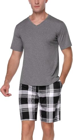 طقم بيجامة من القطن للرجال بأكمام قصيرة ملابس نوم قطعتين أطقم ملابس نوم مريحة مع شورت in Kuwait