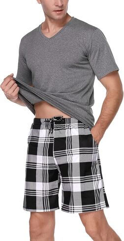 طقم بيجامة من القطن للرجال بأكمام قصيرة ملابس نوم قطعتين أطقم ملابس نوم مريحة مع شورت in Kuwait