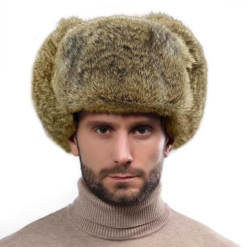 Men Winter Trapper Hat Faux Rabbit Fur Russian Ushanka Hat Thick Warm Plush Earflap Cap for Skiing Hunting Cycling in Saudi Arabia