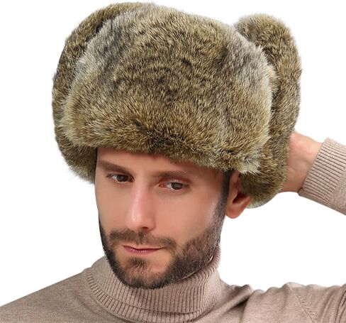 Men Winter Trapper Hat Faux Rabbit Fur Russian Ushanka Hat Thick Warm Plush Earflap Cap for Skiing Hunting Cycling in Saudi Arabia