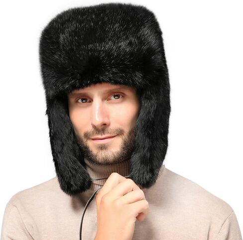 Men Winter Trapper Hat Faux Rabbit Fur Russian Ushanka Hat Thick Warm Plush Earflap Cap for Skiing Hunting Cycling in Saudi Arabia