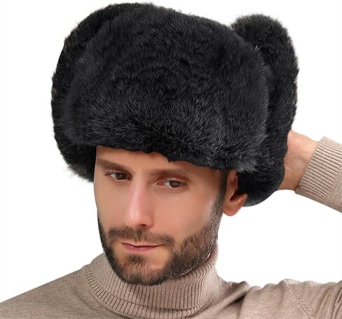 Men Winter Trapper Hat Faux Rabbit Fur Russian Ushanka Hat Thick Warm Plush Earflap Cap for Skiing Hunting Cycling in Saudi Arabia