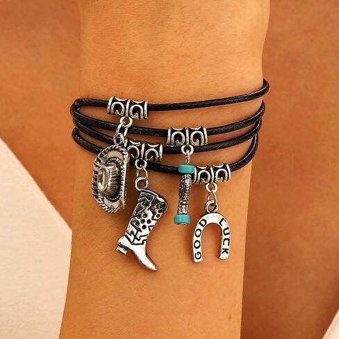 Zhang shine Western Cowboy Bracelet Multilayer Leather Boho Multi-Layer Vintage Cowgirl Hat Boots Bracelets For Women Men West Holiday Party Jewelry Gifts in Saudi Arabia