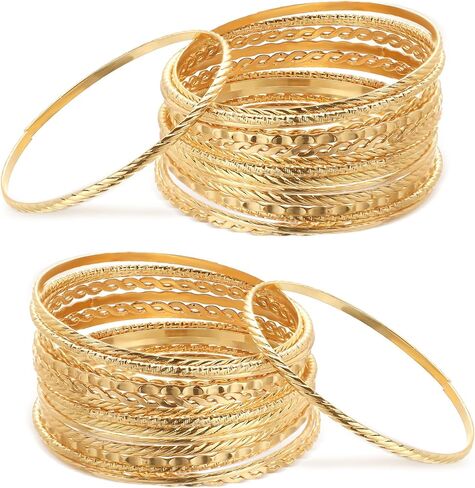 Loetere 50 Pcs Boho Textured Gold Bangle Bracelets Set Bohemian Stackable Textured Bracelets Chunky Multi Layer Indian Bangles Metal Indian Gold Jewelry for Women Girl Wedding Gift in Saudi Arabia