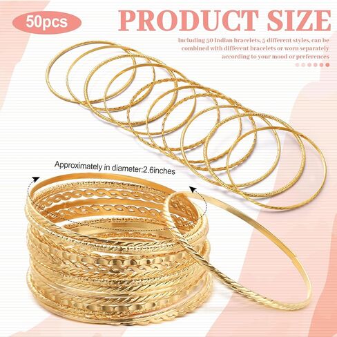 Loetere 50 Pcs Boho Textured Gold Bangle Bracelets Set Bohemian Stackable Textured Bracelets Chunky Multi Layer Indian Bangles Metal Indian Gold Jewelry for Women Girl Wedding Gift in Saudi Arabia