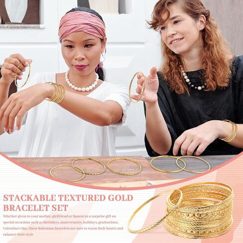 Loetere 50 Pcs Boho Textured Gold Bangle Bracelets Set Bohemian Stackable Textured Bracelets Chunky Multi Layer Indian Bangles Metal Indian Gold Jewelry for Women Girl Wedding Gift in Saudi Arabia
