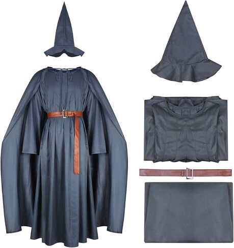Pagan Tunic Costume Wizard Cloak Robe Cosplay Grey Robe Hat Full Set Outfits for Adult in Kuwait