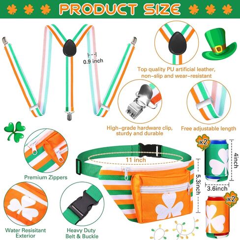 Chunful 5 Pcs St. Patrick's Day Accessory Set Shamrock Fanny Pack Clover Waist Bag with 4 Drink Holder Festive Adjustable Suspender Sweatband Set Headband Wristband for St. Patrick's Day Party Outfit in Saudi Arabia