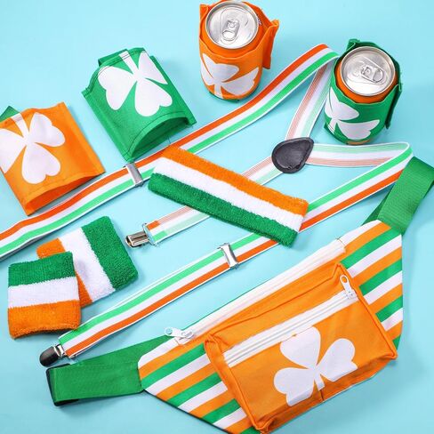 Chunful 5 Pcs St. Patrick's Day Accessory Set Shamrock Fanny Pack Clover Waist Bag with 4 Drink Holder Festive Adjustable Suspender Sweatband Set Headband Wristband for St. Patrick's Day Party Outfit in Saudi Arabia