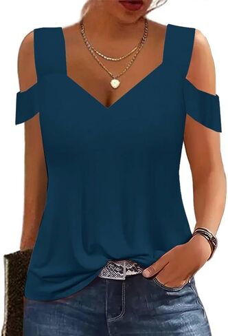 Summer Tops Womens Tunic Top Short Sleeve Cold Shoulder V Neck Loose Fit Basic Tee Casual Tops Shirts Blouse in Saudi Arabia