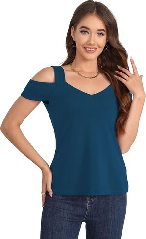 Summer Tops Womens Tunic Top Short Sleeve Cold Shoulder V Neck Loose Fit Basic Tee Casual Tops Shirts Blouse in Saudi Arabia