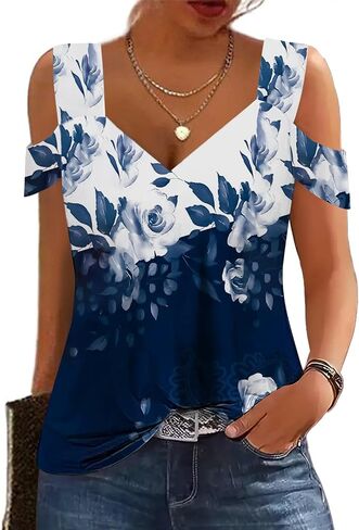 Summer Tops Womens Tunic Top Short Sleeve Cold Shoulder V Neck Loose Fit Basic Tee Casual Tops Shirts Blouse in Saudi Arabia