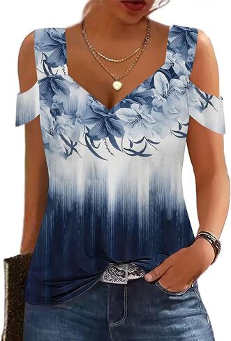 Summer Tops Womens Tunic Top Short Sleeve Cold Shoulder V Neck Loose Fit Basic Tee Casual Tops Shirts Blouse in Saudi Arabia